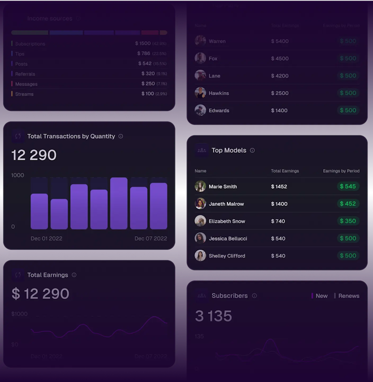 Dashboard interface for an OnlyFans Top Creator showing total revenue by quantity, daily statistics including today's revenue, fan count, new subscriptions, and average earnings, along with a followers trend line. The layout is designed with a focus on visual data representation for business management and performance tracking.